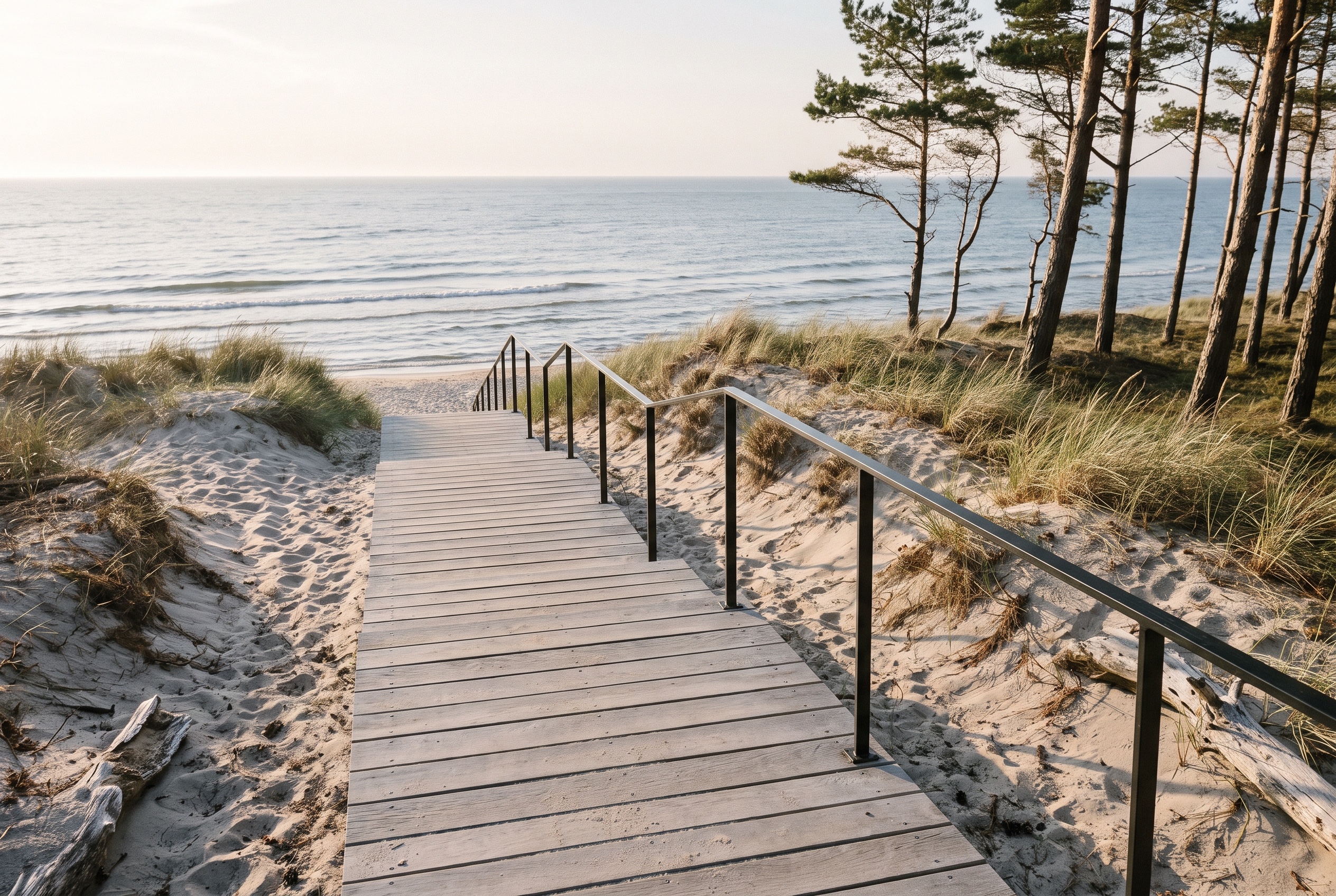 Drewniane zejście przez wydmę na plażę nad Bałtykiem — Galeria Mroziński, nieruchomości nad Bałtykiem
